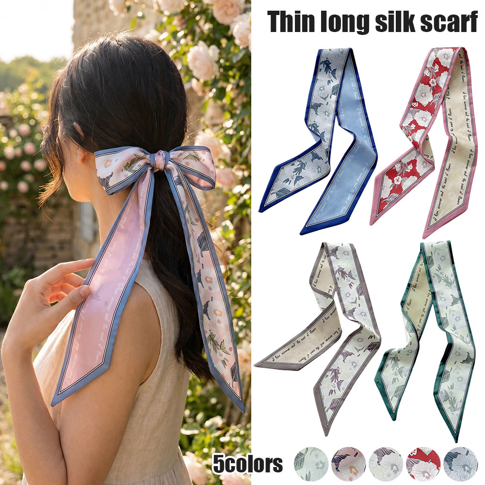 Ascot Neck Scarf - Floral Silk Satin Scarf Narrow Thin